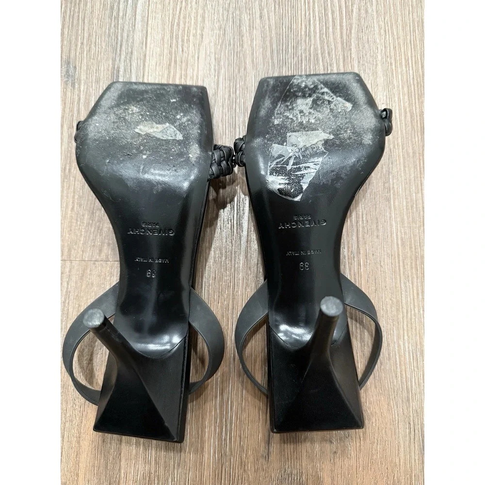 GIVENCHY	Black G Gold Logo Open Toe Woven Strap Leather Slingback Sandal Heel 39 - Picture 7 of 9